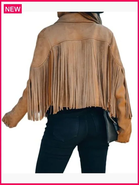Faux Suede Leather Cropped Jacket with Fringe Tassel Western Style - Picture 5 of 6